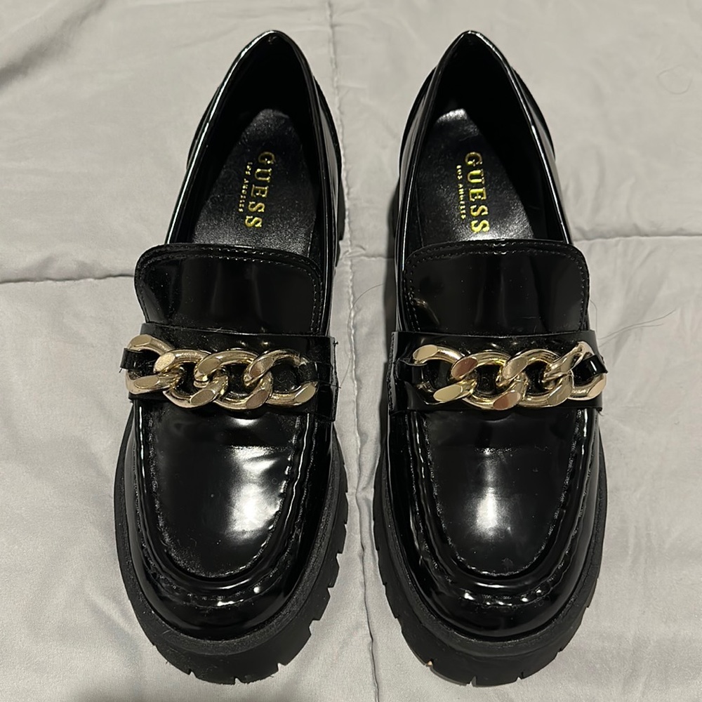 Guess chunky black patent leather loafers size 9